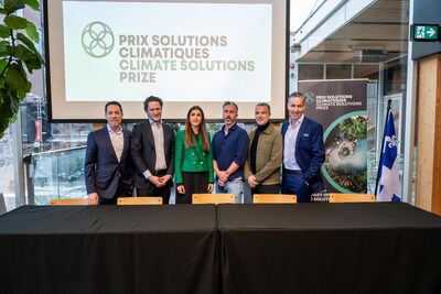 From left to right: Grégoire Baillargeon, President, BMO Financial Group, Quebec; Benoit Charette, Minister of the Environment, the Fight Against Climate Change, Wildlife and Parks, and Minister Responsible for the Laurentides Region; Galith Levy, Chief Executive Officer, Climate Solutions Prize; Frederic Lalonde, co-founder of Deep Sky, and co-founder, Hopper; Patrick Gagné, CEO, Cycle Momentum and Jeff Hart, Executive Chair, Climate Solutions Prize. (CNW Group/Climate Solutions Prize)