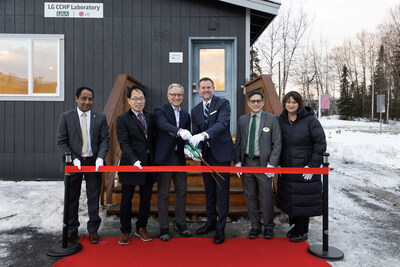 LG Electronics and the University of Alaska Anchorage celebrate the opening of state-of-the-art, real-world-simulated labs to conduct studies on cold-climate heat pump HVAC solutions. Pictured left to right: Professor Getu Hailu, Associate Professor, UAA; Sangok Kweon, Director of R&D, LG Electronics; Sean Parnell, UAA Chancellor; Steve Scarbrough, Senior Vice President, Electronics USA; Kenrick Mock, Dean of the College of Engineering, UAA; Suzanne Rigdon, Marketing head, LG Electronics USA.