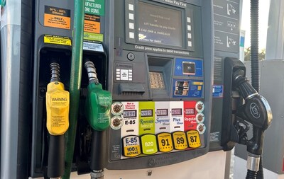 E85 is typically dispensed from a yellow handled and intended for flex fuel vehicles.