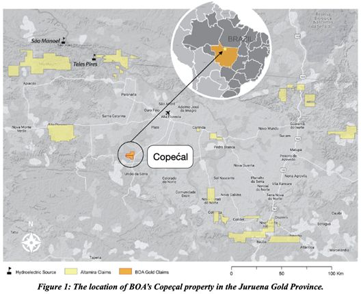 The location of BOA's Copecal property in the Juruena Gold Province.