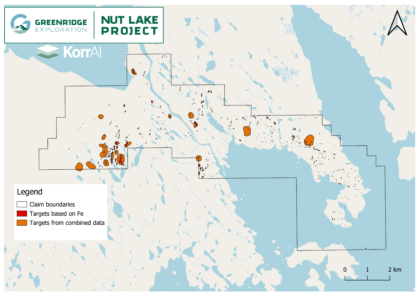 Nut Lake Project displaying Fe targets in red and combined data targets in orange