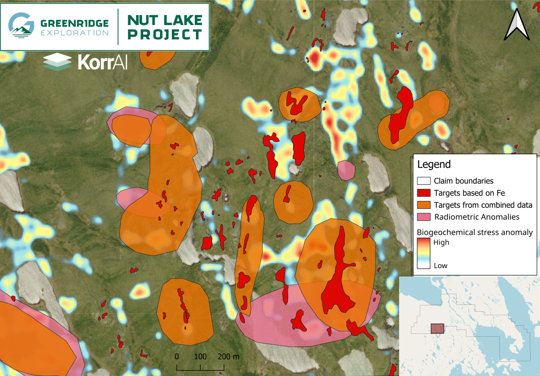 Combined targets overlain with Fe-oxide targets (red), radiometric anomalies (pink) and stressed vegetation (biogeochemical stress anomalies)