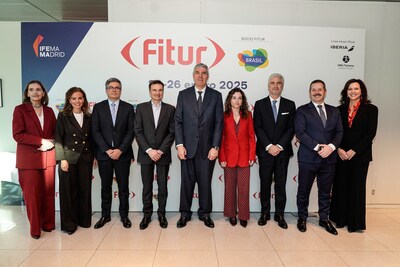 From left to right: María Valcarce, Director of FITUR; Almudena Maíllo del Valle, Head of the Madrid City Council’s Tourism Delegation; Daniel Martínez, Executive Vice President of IFEMA MADRID; Marco Sansavini, President of Iberia and Chairman of the FITUR Organizing Committee; José Vicente de los Mozos, Chairman of the Executive Committee of IFEMA MADRID; Rosario Sánchez, Secretary of State for Tourism; Orlando Leite Ribeiro, Ambassador of Brazil; Mariano de Paco, Deputy Minister of Culture, Tourism, and Sports of the Community of Madrid; and Arancha Priede, General Director of Trade Fairs and Congresses at IFEMA MADRID. (PRNewsfoto/FITUR and IFEMA MADRID)