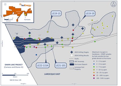 Figure 2 – Location of planned winter 2025 drill holes with respect to the Hurricane deposit resource footprint (blue) and the ANT seismic low velocity zone in which the deposit occurs. (CNW Group/IsoEnergy Ltd.)