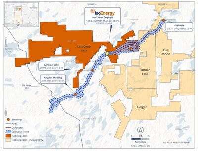 Figure 3 – Location of the Larocque Trend which hosts the high-grade Hurricane deposit and high-grade uranium occurrences on adjacent projects. IsoEnergy’s winter 2025 drilling will be focussed on this trend east of the Hurricane deposit on the Larocque East project. (CNW Group/IsoEnergy Ltd.)