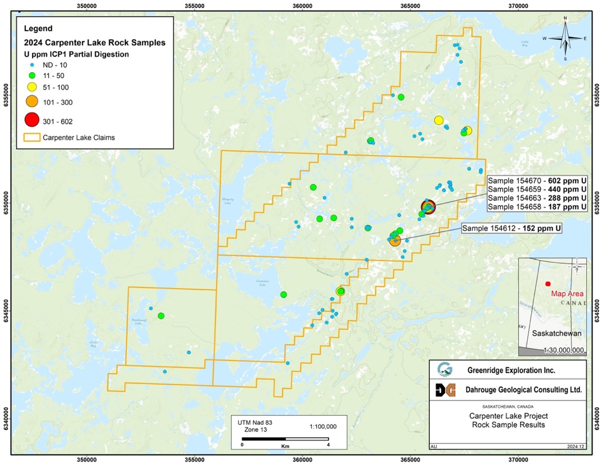 Figure 1 - Carpenter Lake Property 2024 Exploration Rock Sample Results