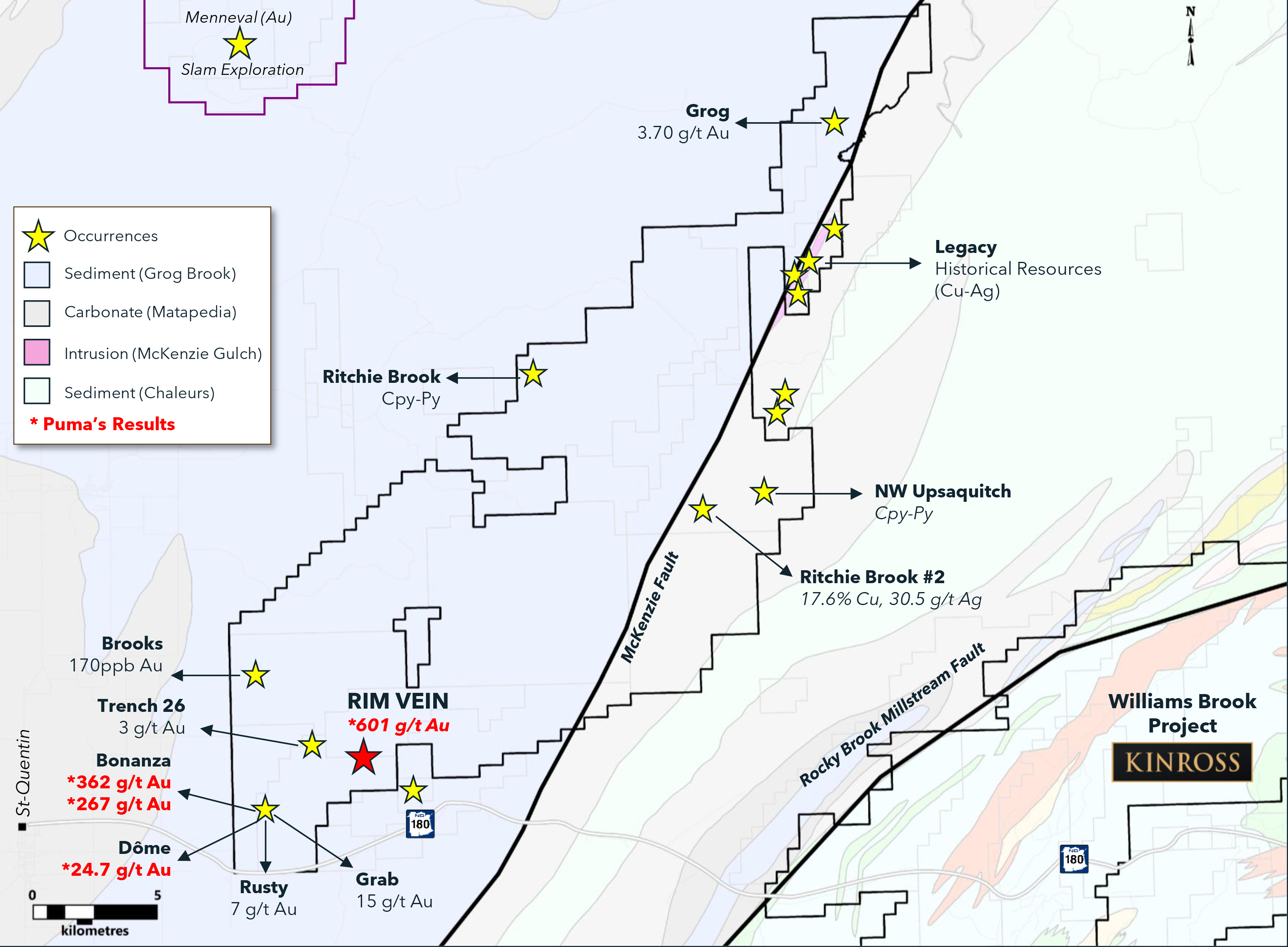 The main gold occurrences on the McKenzie Gold Project