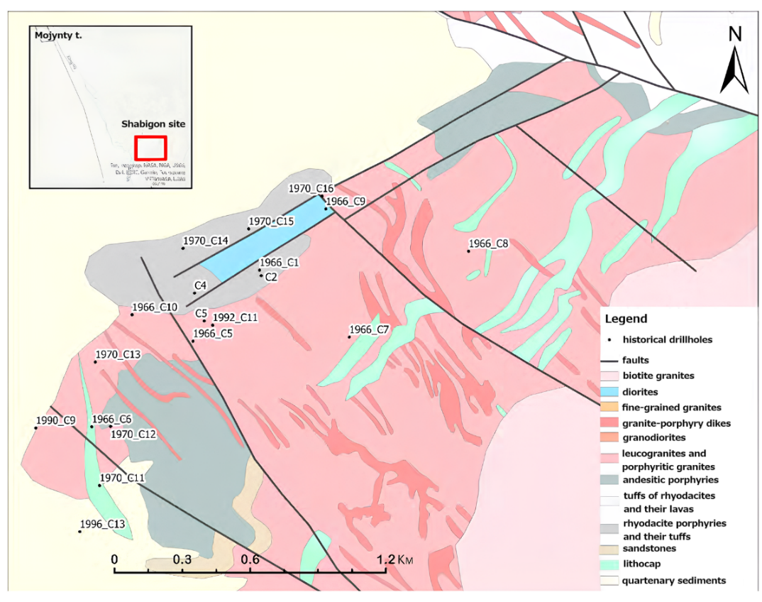 Shabigon historical drill holes’ locations on geology map (from historical report)