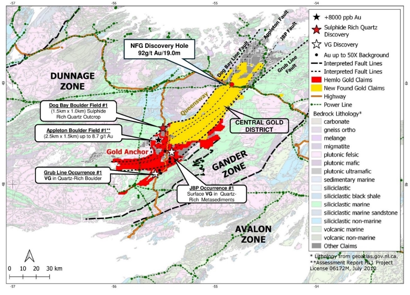 Regional Map Highlighting Gold Anchor Claims in Central Newfoundland (in red)