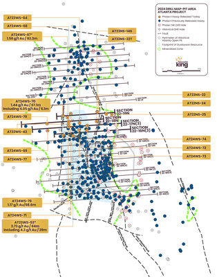 Figure 1. Location map of holes reported in today’s news release along four sections shown below in figures 2-5. This also reports all holes drilled along these sections for the entirety of the Phase II program at Atlanta. Shallow mine dump holes have been removed from plot for clarity. (CNW Group/Nevada King Gold Corp.)