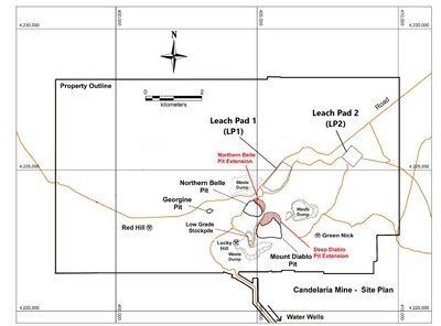 Figure 1 - Candelaria’s map showing the location of leach pads in relation to infrastructure, historic mines, and selected prospects in the property.