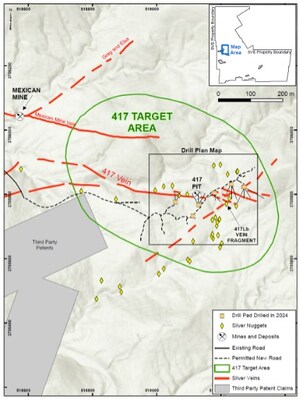 Figure 1 - Map of the 417  and Mexican Mine area showing location of drill pads and trace of holes completed.  See drill hole details in figure 2.