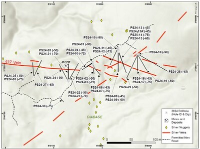 Figure 2 - Plan view of Phoenix Silver drilling area showing drill hole collars and respective traces.