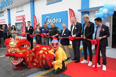 Pictured left to right are Vincent Chou, Midea RAC; Nathan Blackwell, former St. Cloud Mayor; Jiashun Huang, AAA AC Supplies Inc.; Thomas Lin, Orange County Deputy Sheriff; Rex Mustain, Associated Air Products, Inc.; David Stewart, AAA AC Supplies Inc.; Phil Huang, Head of Midea RAC North America; Dennis Liu, Midea RAC