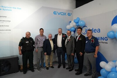 Pictured left to right are Thomas Lin, Orange County Deputy Sheriff; Caesar Sanchez, Lowe’s Pro Services; Rex Mustain, Associated Air Products, Inc.; David Stewart, AAA AC Supplies Inc.; Nathan Blackwell, former St. Cloud Mayor; Vincent Chou, Midea RAC; Jiashun Huang, AAA AC Supplies Inc.