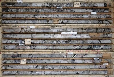 Figure 3: Very large, near inclusion free, spodumene crystals in quartz pegmatite at CV5 (drill-hole 
CV24-704). Drill core grades 4.27% Li2O over 11.3 m (171.1 m to 182.4 m). (CNW Group/Patriot Battery Metals Inc.)