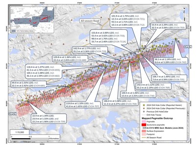 Figure 1: Drill holes completed through 2024 at CV5 with result highlights in this announcement. (CNW Group/Patriot Battery Metals Inc.)