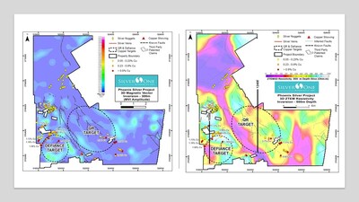 Figure 3 - Left. 3D Magnetic Vector Inversion (MVI Amplitude) 300 meter depth. Note copper targets in black  dashed line defined by a magnetic low surrounded by a relatively high magnetic halo. Right. 3D-ZTEM resistivity inversion 500 meters depth: the red and light-red ovals within the magnetic lows represent conductive zones potentially associated to copper sulfides.  Defiance and QR targets are 4 and 8 square kilometers in size, respectively.  North-South sections on these porphyry targets are shown in Figure 4.