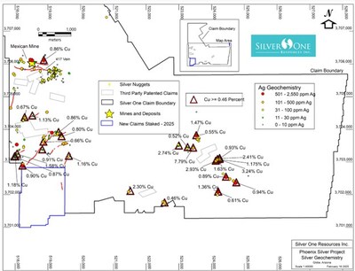 Figure 5 - Rock geochemistry map showing silver and copper values.  Assays of select copper samples are highlighted by the corresponding labels. The blue polygon shows the new claims staked in the southwest part of the property.