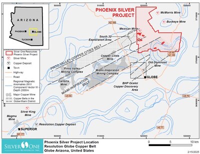 Figure 1 - Phoenix Silver location map showing copper belts of the Miami-Globe porphyry copper district. Major mines and deposits include the Miami-Inspiration mining complex,  BHP's Ocelot discovery area and Rio Tinto/BHP's Resolution copper deposit.  Blue contours are regional magnetic (MVI - contour interval 0.0002 SI) anomalies which are spatially coincident with the mineral belts of the Miami-Globe copper district.