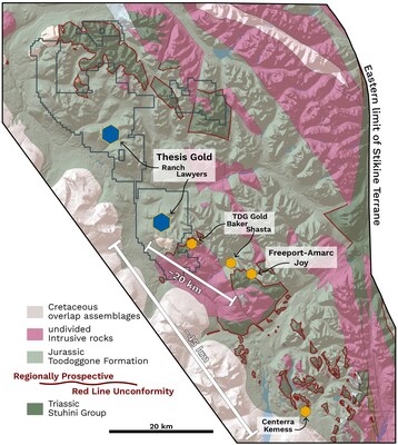 Figure 4 – Regional geology of the Toodoggone District showing the regionally prospective “red line unconformity” and known key porphyry and epithermal systems. (CNW Group/Thesis Gold Inc.)