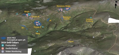 Figure 1 – Overview of the Ranch area showing 2024 collar locations, mineralized zones, and conceptual open pits defined in the 2024 PEA. (CNW Group/Thesis Gold Inc.)