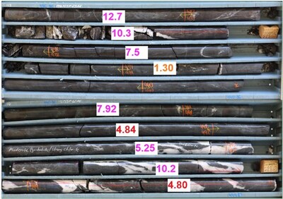 Figure 3 – Drill core from FF475SP-62AE (41.00m at 7.99 g/t Au from 426m) annotated with gold grade in g/t Au highlighting consistency of high-grade results (436.6m to 445.00m displayed). (CNW Group/Westgold Resources Limited)