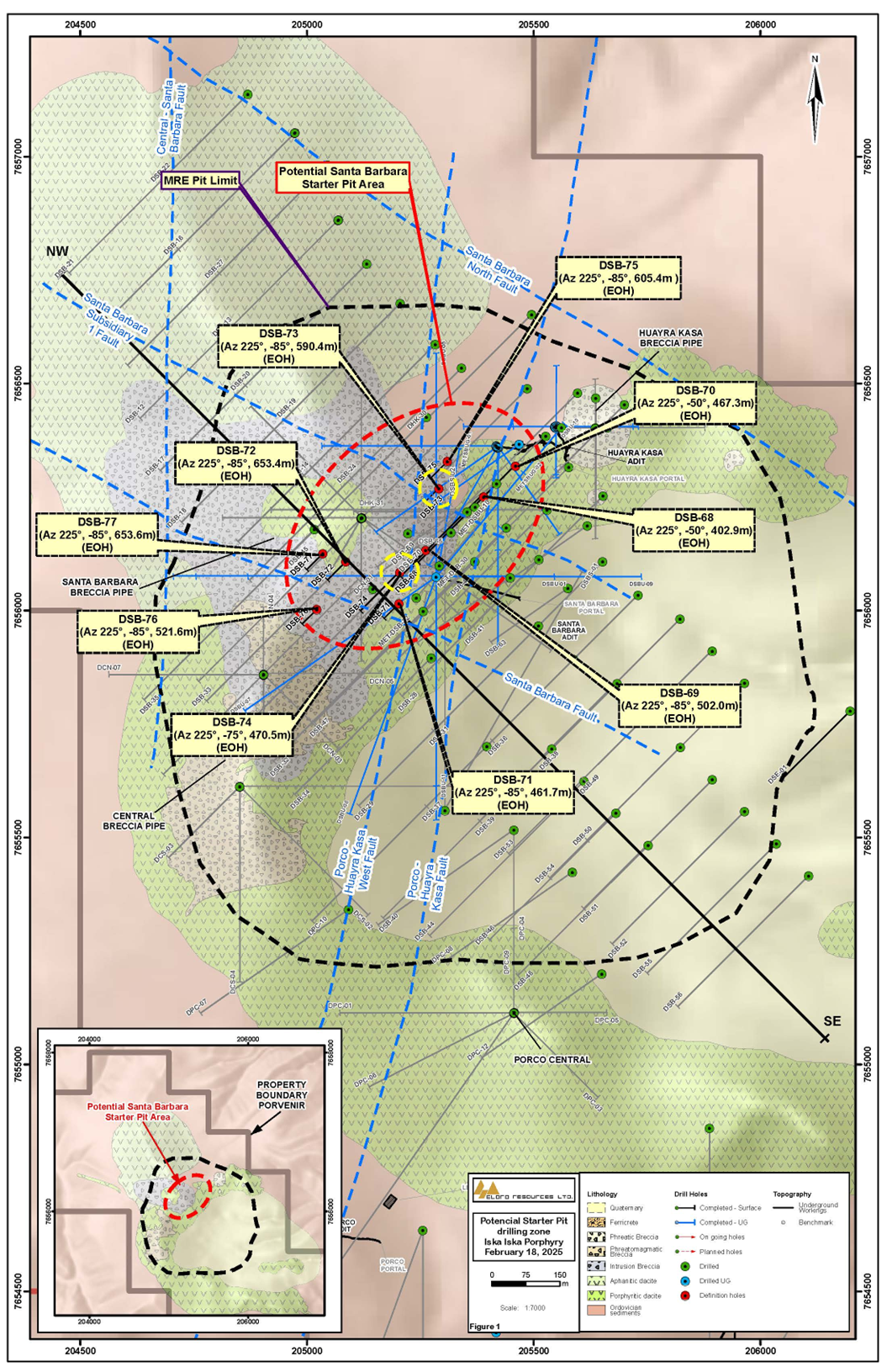 Location Map of Definition Diamond Drill Holes, Santa Barbara zone, Iska Iska. The yellow circle highlights the location of the holes in this release.