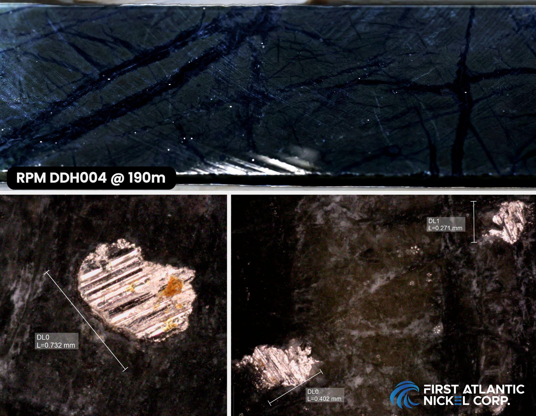 Drill core RPM DDH004 (AN-24-05) at 190 meters depth. Top image: Drill core showing disseminated awaruite (sulfur-free nickel alloy), in serpentinized ultramafic peridotite within the RPM Zone. Bottom image: Awaruite grains from 190 meters depth (up to 732 microns) under microscope, with saw blade streaks visible due to ductile, highly-magnetic nature of awaruite.