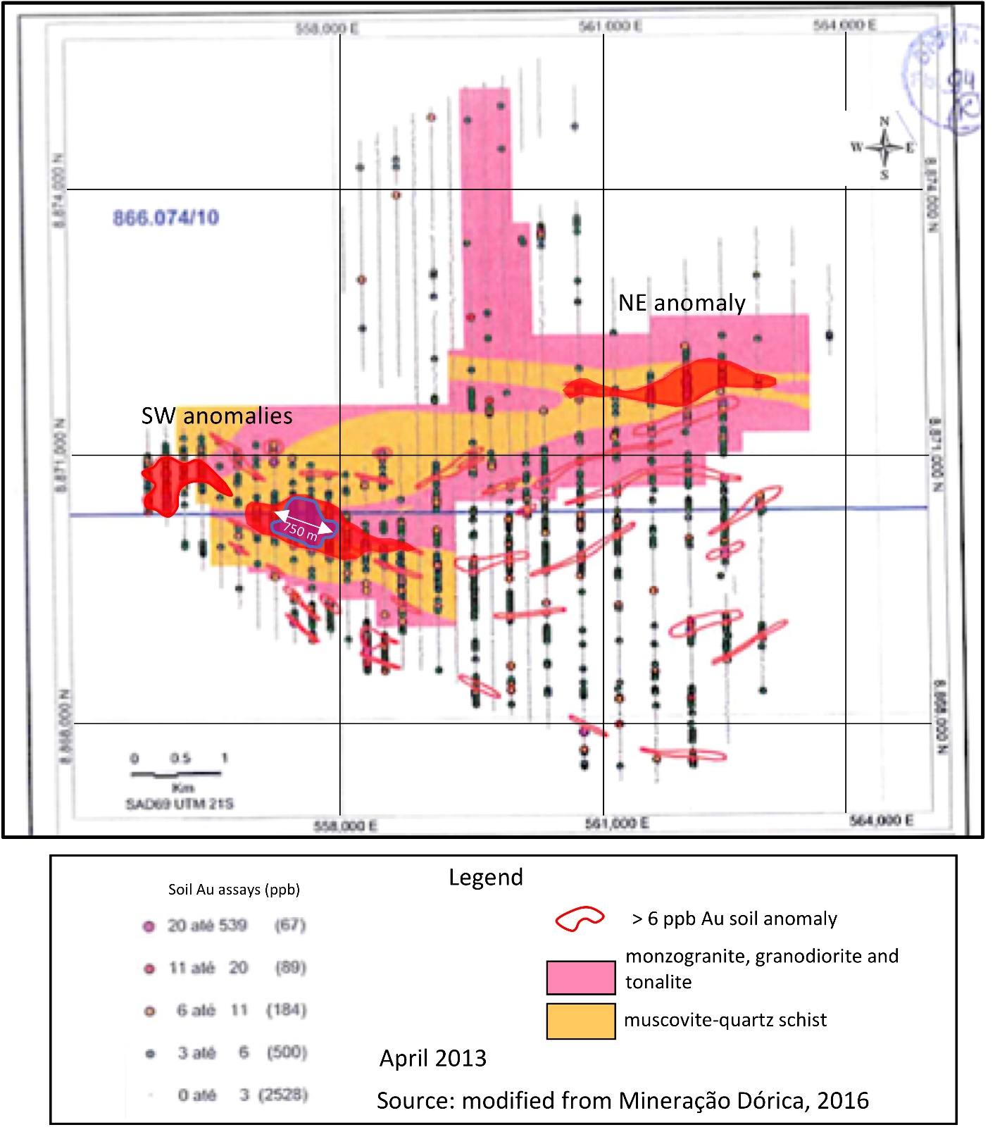 Figure 2: AngloGold soil sample grid and Au geochemistry results (ppb)