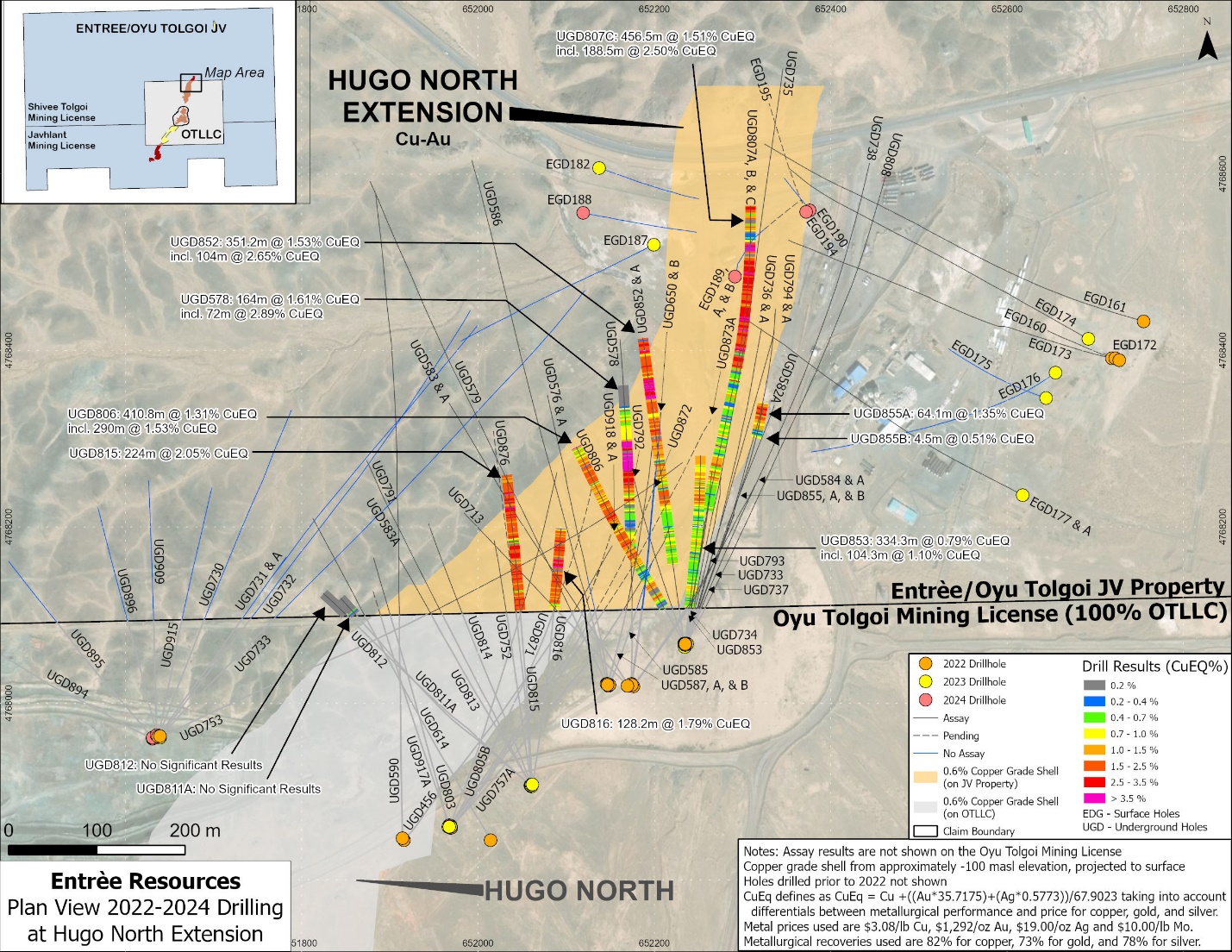 Figure 1: Plan View of Newly Released Assay Intervals and Locations of 2022-2024 Drill Holes