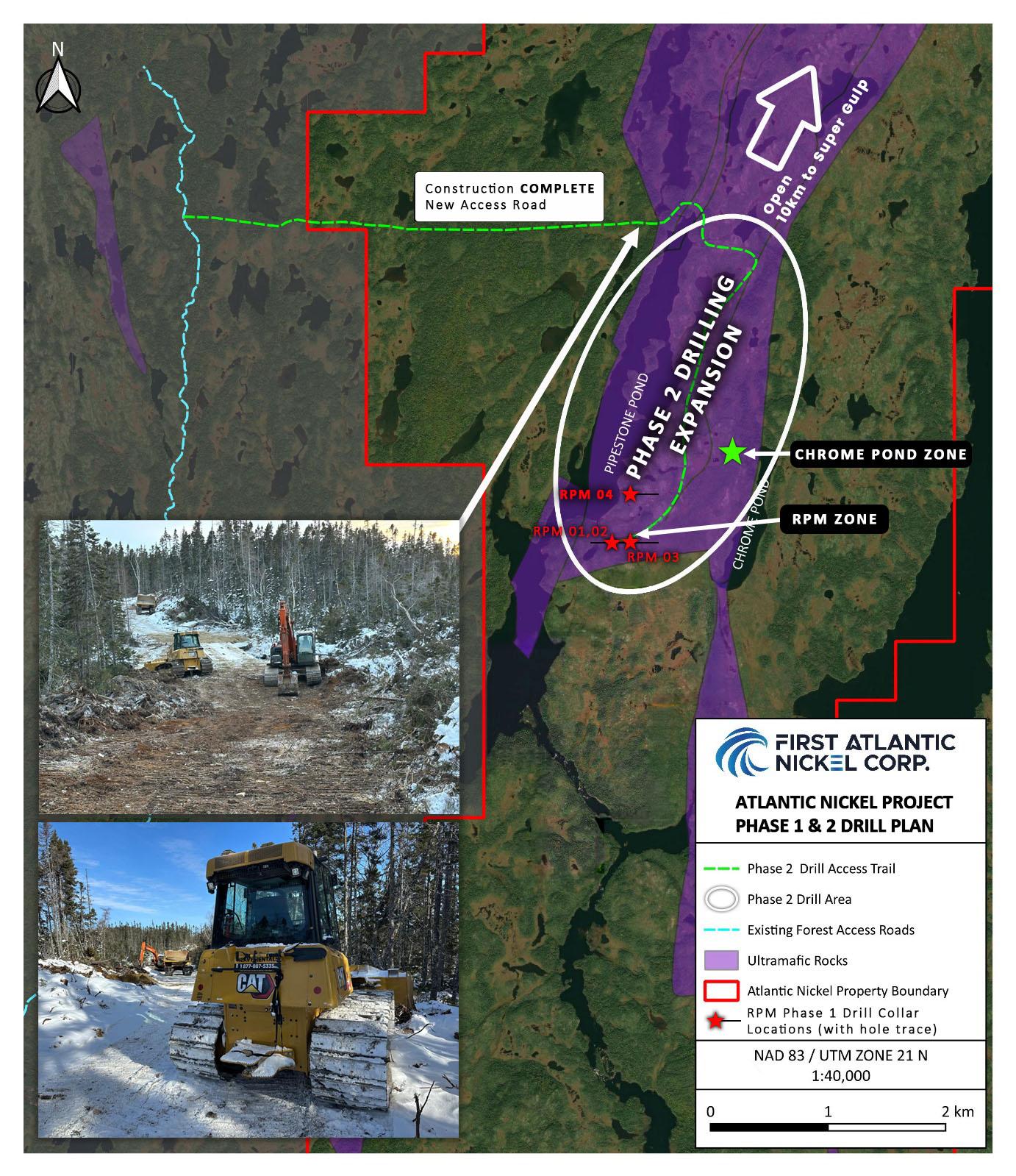 Atlantic Nickel Project Phase 2 Drill Plan map, showing drill collar locations from Phase 1 drilling and the recently completed new access road to RPM Zone.