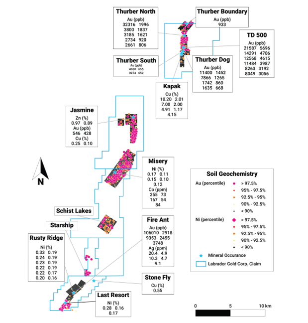 Mineral occurrences of the Hopedale Project.