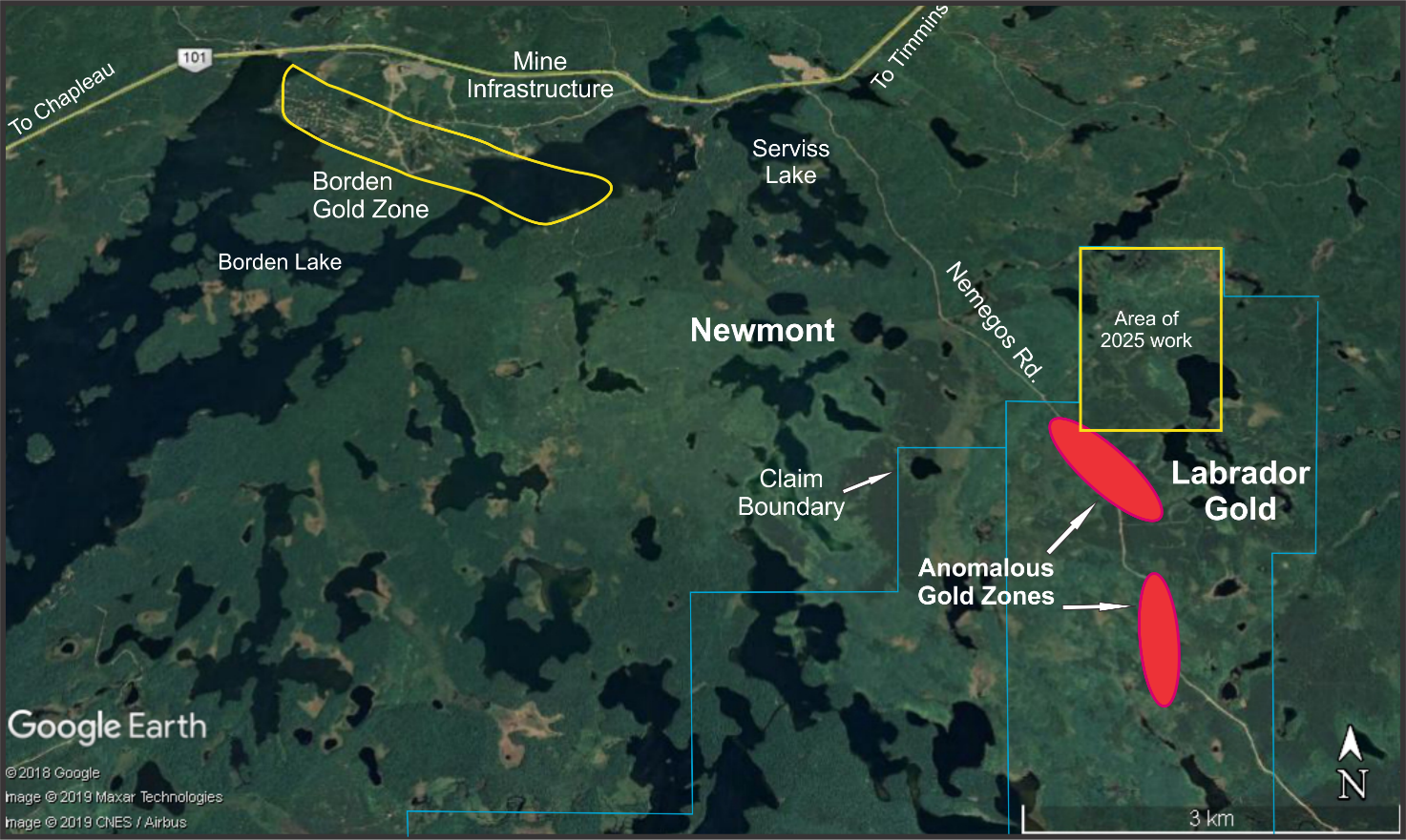 Area of 2025 work and anomalous zones at the Borden Lake gold project.