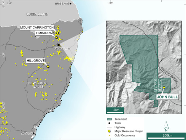 Location of the John Bull Gold Project in northeastern NSW, Australia