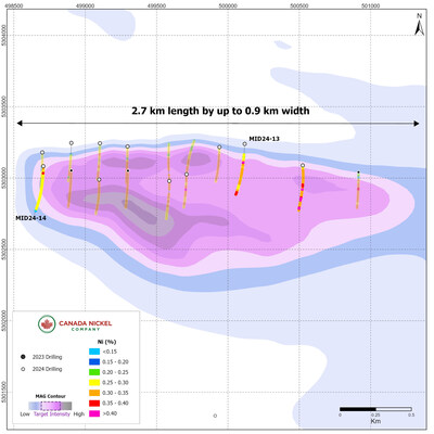 Figure 2. – Midlothian – CNC Drillholes Over Total Magnetic Intensity. (CNW Group/Canada Nickel Company Inc.)