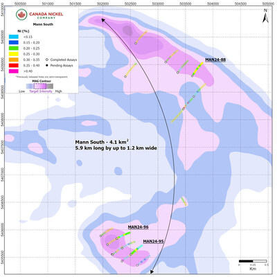 Figure 4. – Mann S – CNC Drillholes Over Total Magnetic Intensity. (CNW Group/Canada Nickel Company Inc.)