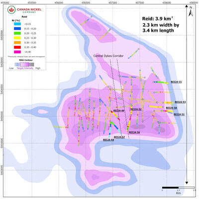 Figure 1 – Reid – CNC Drillholes Over Total Magnetic Intensity. (CNW Group/Canada Nickel Company Inc.)