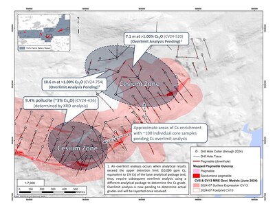 Figure 1: Areas of significant cesium enrichment, with approximately 100 individual core samples pending overlimit analysis (>1% Cs). (CNW Group/Patriot Battery Metals Inc.)