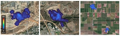 Examples of methane detected and quantified by Carbon Mapper using data from Planet's Tanager-1 satellite. From left to right: Methane plumes from oil and gas, waste, and agriculture facilities and processes were observed across the State of California. Data can be publicly accessed at data.carbonmapper.org.